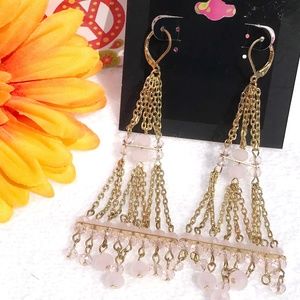 Boho Dangle Earrings Pink Goldtone Tassel Fringe